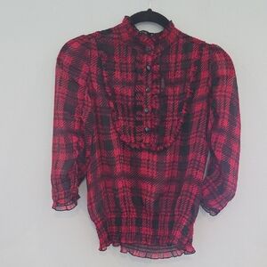 Miley Cyrus Max Azria Red and Black Plaid Shirred Blouse Size XS